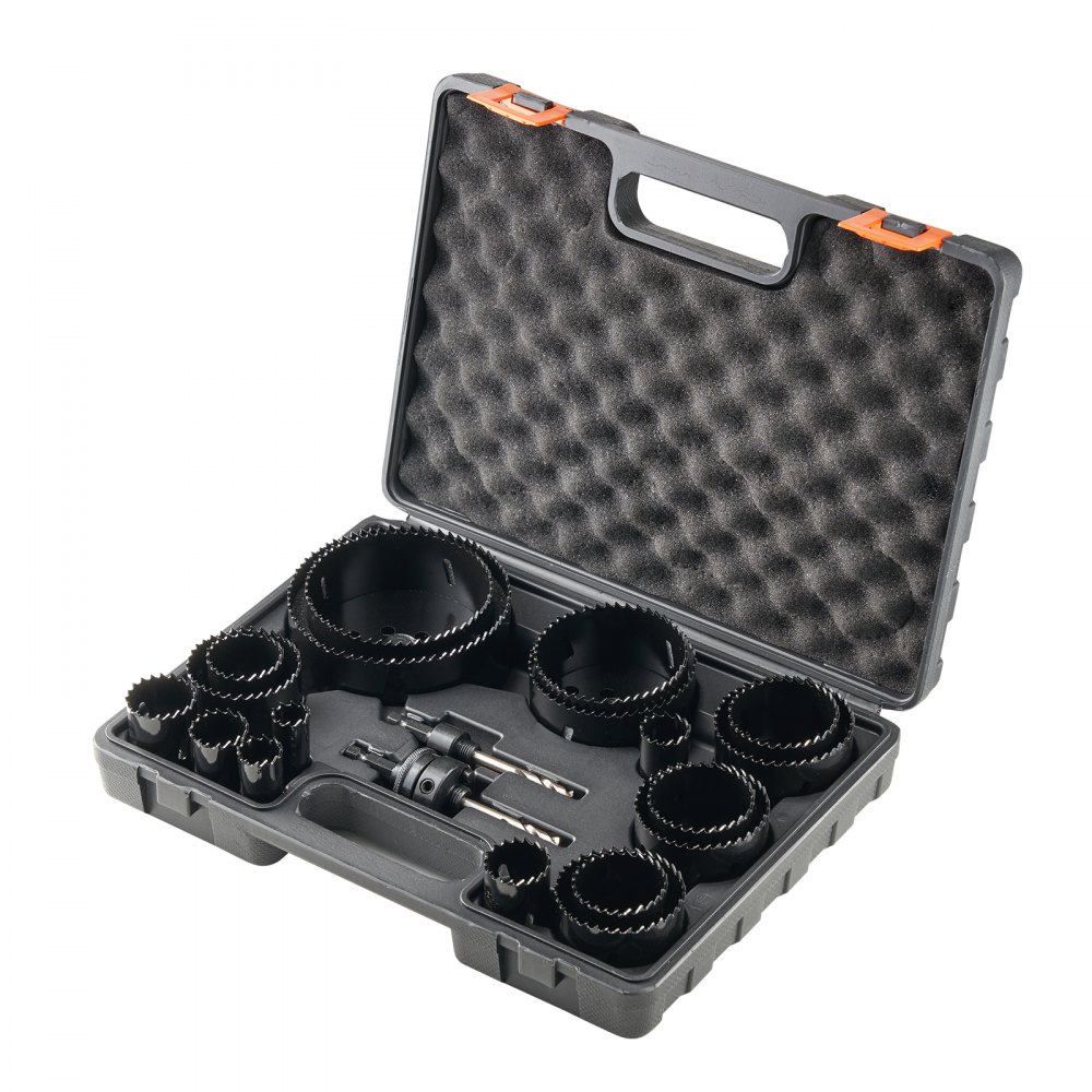 VEVOR hole saw kit in a black carrying case, showcasing multiple sizes of saw bits and accessories.