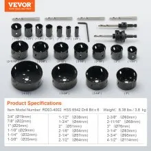 VEVOR Hole Saw Kit, 18 PCS Saw Blades, 6 Drill Bits, 1 Hex Wrench, Bi Metal M42 Hole Saw Set with Carrying Case, General Purpose Size from 3/4" to 4-1/2", Ideal for Wood Board, Iron and Plastic Plate