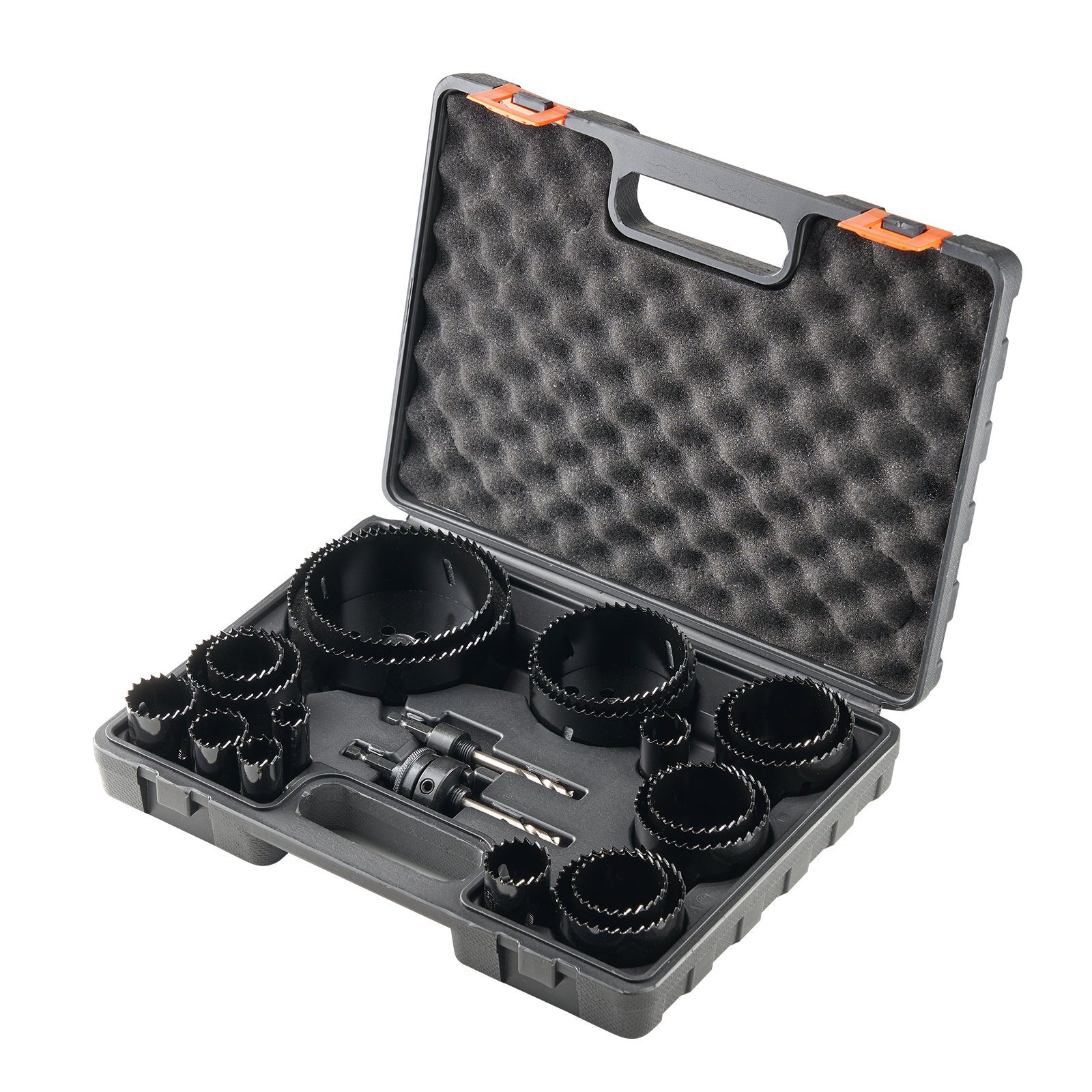 VEVOR hole saw kit in a black carrying case, showcasing multiple sizes of saw bits and accessories.