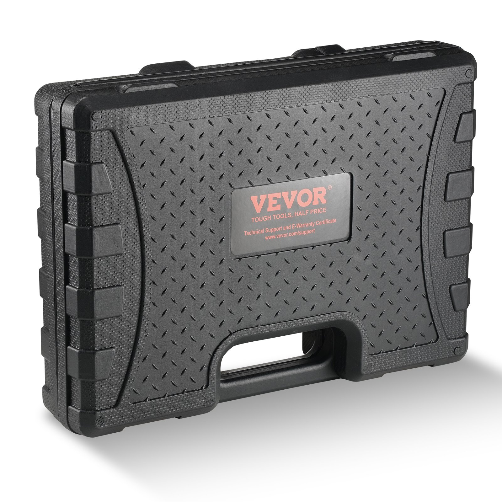 black carrying case for VEVOR hole saw kit with ridged texture and handle.