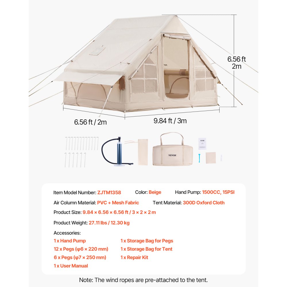 VEVOR Inflatable Tents for Camping, 3-5 Person Easy Setup Blow up Tent with Hand Pump, 300D Oxford Glamping Tent with Stove Jack 2 Doors & 2 Mesh Windows, Storage Bag Included for Easy Taking