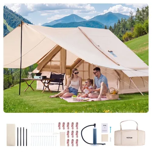 VEVOR Inflatable Tents for Camping, 3-5 Person Easy Setup Blow up Tent with Hand Pump, 300D Oxford 4 Season Glamping Tent with Canopy, Stove Jack, 2 Doors & 2 Mesh Windows (Storage Bag Included)