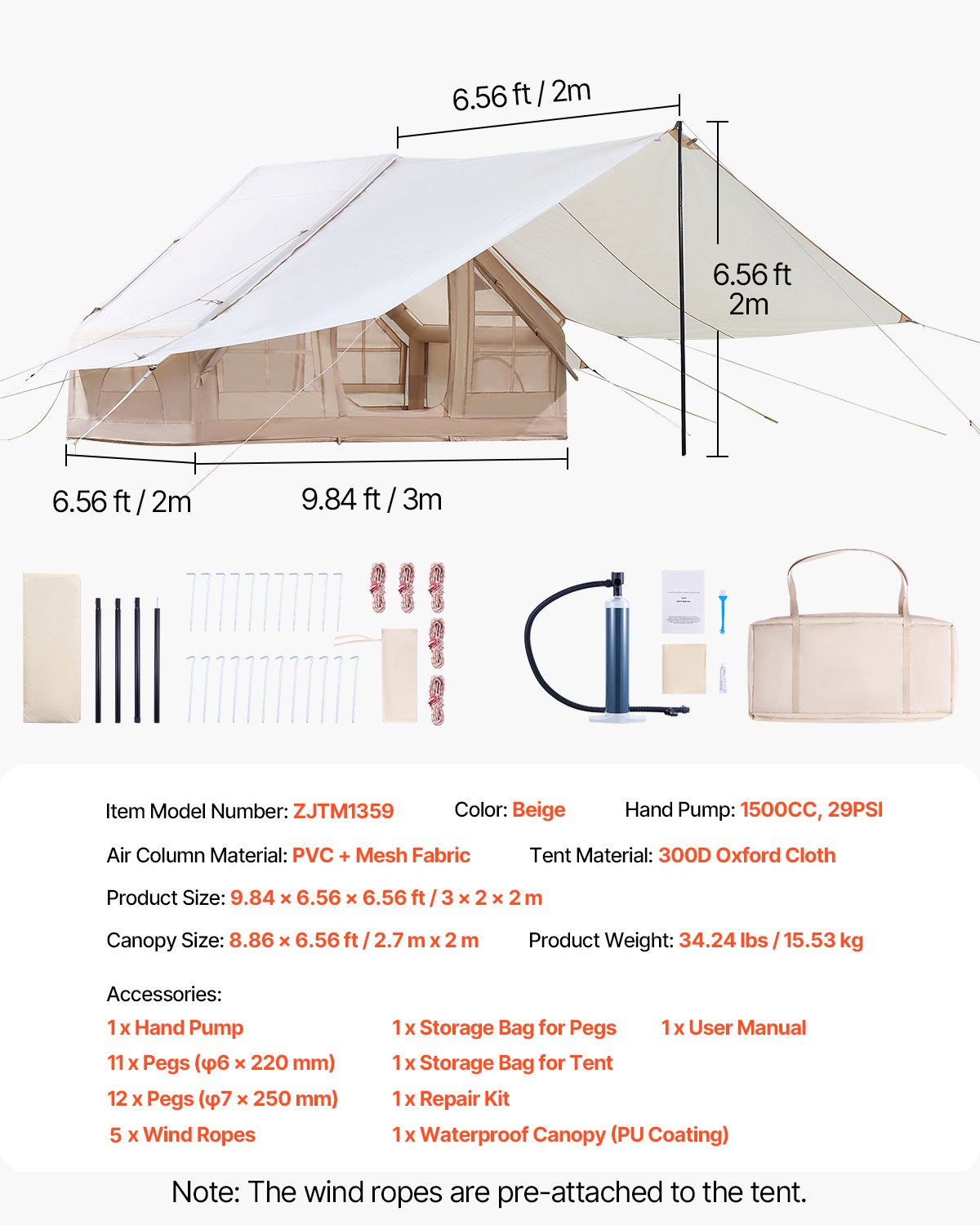 VEVOR Inflatable Tents for Camping, 3-5 Person Easy Setup Blow up Tent with Hand Pump, 300D Oxford 4 Season Glamping Tent with Canopy, Stove Jack, 2 Doors & 2 Mesh Windows (Storage Bag Included)