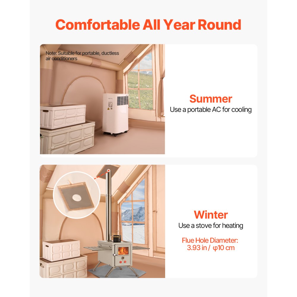 VEVOR Oppblåsbare telt for camping, 4-6 personers enkelt oppsettbart oppblåsbart telt med håndpumpe, 300D Oxford 4-sesongs glampingtelt med komfyruttak, 2 dører og 4 nettingvinduer, oppbevaringspose inkludert for enkel transport