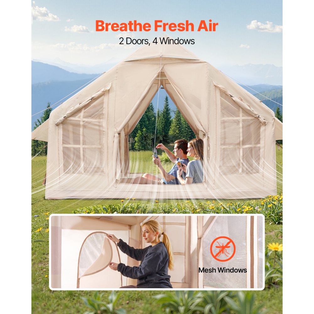 VEVOR Inflatable Tents for Camping, 4-6 Person Easy Setup Blow up Tent with Hand Pump, 300D Oxford 4 Season Glamping Tent with Stove Jack 2 Doors & 4 Mesh Windows, Storage Bag Included for Easy Taking
