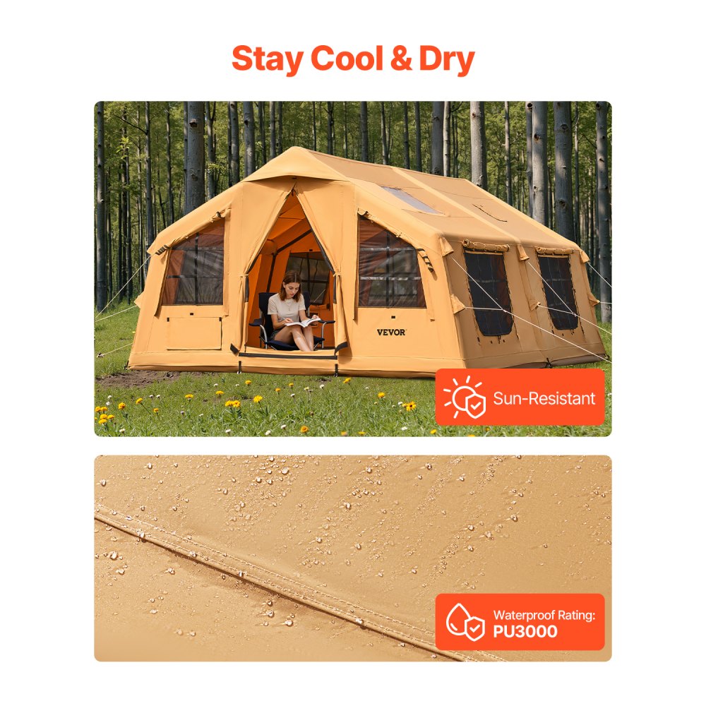 VEVOR Inflatable Tents for Camping, 8-12 Person Easy Setup Blow up Tent with Hand Pump, 4 Season Luxury Glamping Tent with 2 Skylights, Canopy, Stove Jack, 2 Doors & Mesh Windows (Include Storage Bag)