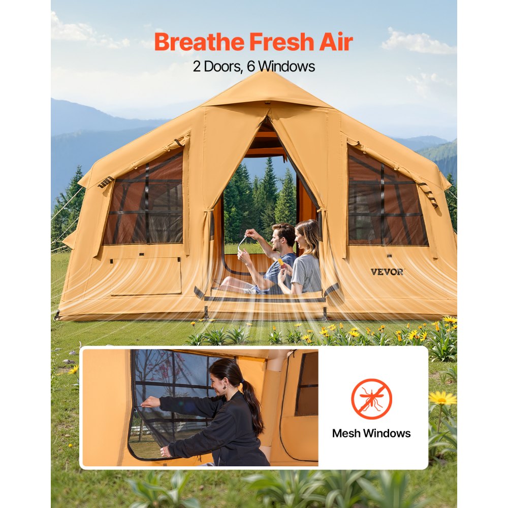 VEVOR Inflatable Tents for Camping, 8-12 Person Easy Setup Blow up Tent with Hand Pump, 4 Season Luxury Glamping Tent with 2 Skylights, Canopy, Stove Jack, 2 Doors & Mesh Windows (Include Storage Bag)