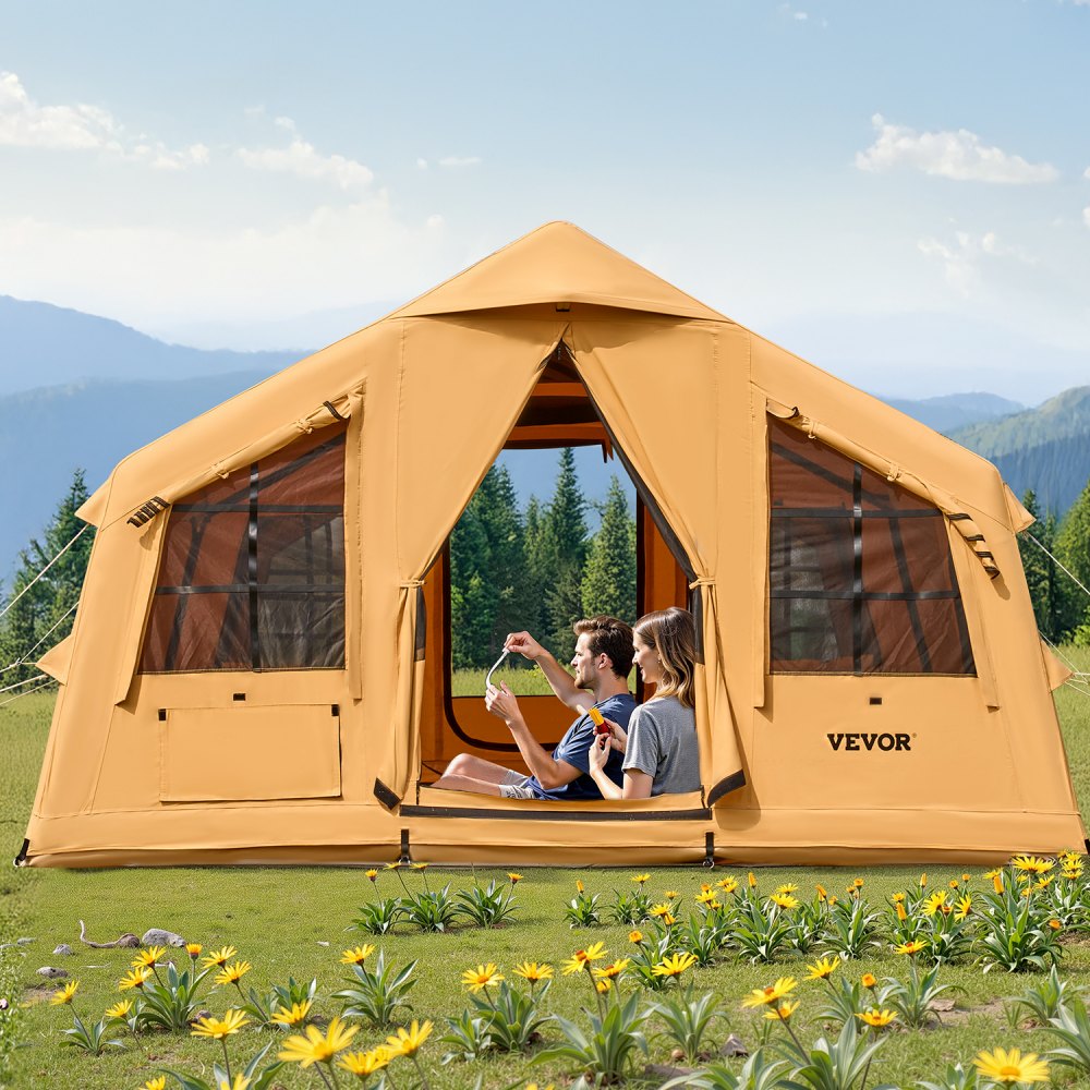 VEVOR Inflatable Tents for Camping, 8-12 Person Easy Setup Blow up Tent with Hand Pump, 4 Season Luxury Glamping Tent with 2 Skylights, Canopy, Stove Jack, 2 Doors & Mesh Windows (Include Storage Bag)
