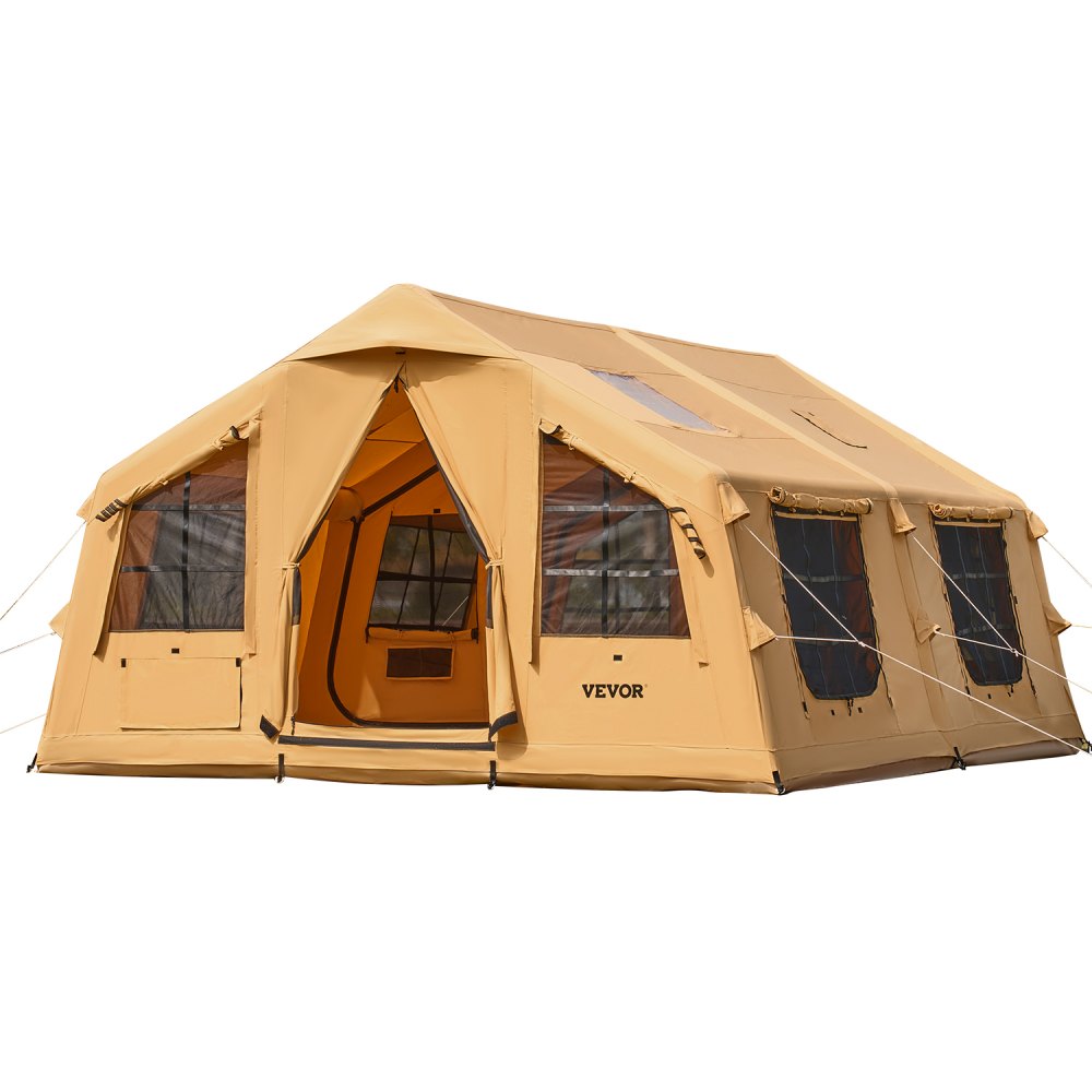 VEVOR Inflatable Tents for Camping, 8-12 Person Easy Setup Blow up Tent with Hand Pump, 4 Season Luxury Glamping Tent with 2 Skylights, Canopy, Stove Jack, 2 Doors & Mesh Windows (Include Storage Bag)