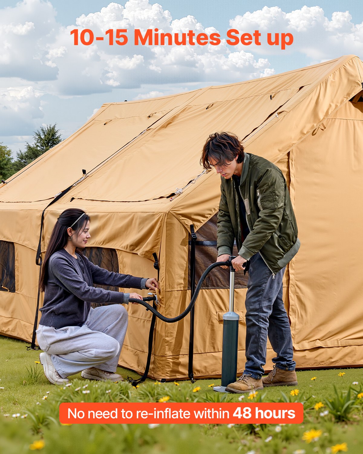 VEVOR Inflatable Tents for Camping, 8-12 Person Easy Setup Blow up Tent with Hand Pump, 4 Season Luxury Glamping Tent with 2 Skylights, Canopy, Stove Jack, 2 Doors & Mesh Windows (Include Storage Bag)