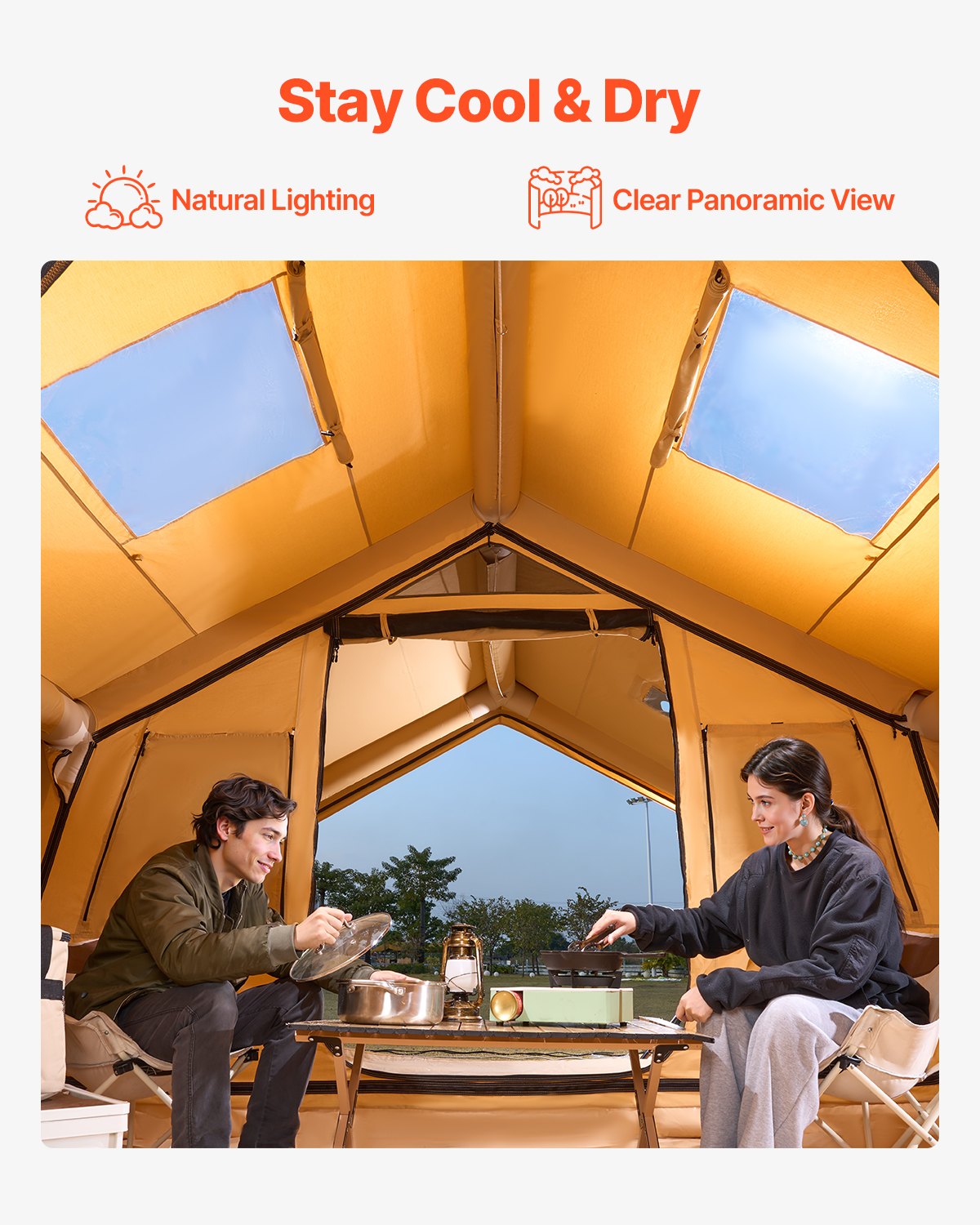 VEVOR Inflatable Tents for Camping, 8-12 Person Easy Setup Blow up Tent with Hand Pump, 4 Season Luxury Glamping Tent with 2 Skylights, Canopy, Stove Jack, 2 Doors & Mesh Windows (Include Storage Bag)