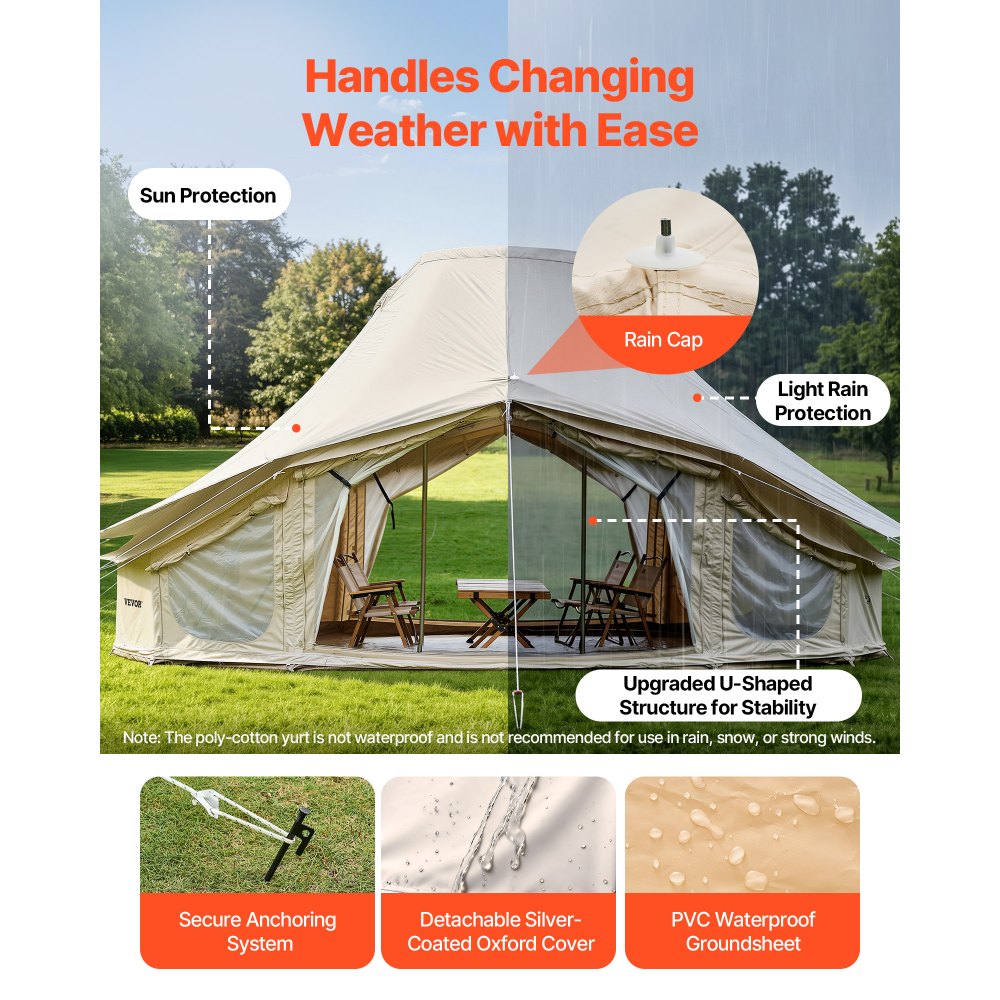 VEVOR Canvas Bell Tent, 4 Seasons 6 x 4 x 3.1 m Yurt Tent for Camping with Stove Jack, Poly-Cotton Breathable Holds up to 12 People with Rain Cover, for Family Camping Glamping Outdoor Hunting Party