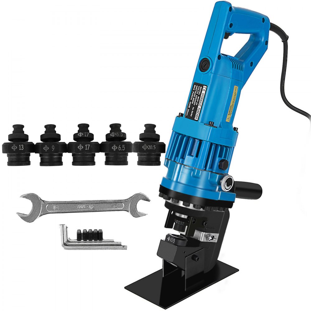 VEVOR hydraulic hole puncher with various punch sizes, wrench, and accessory tools.