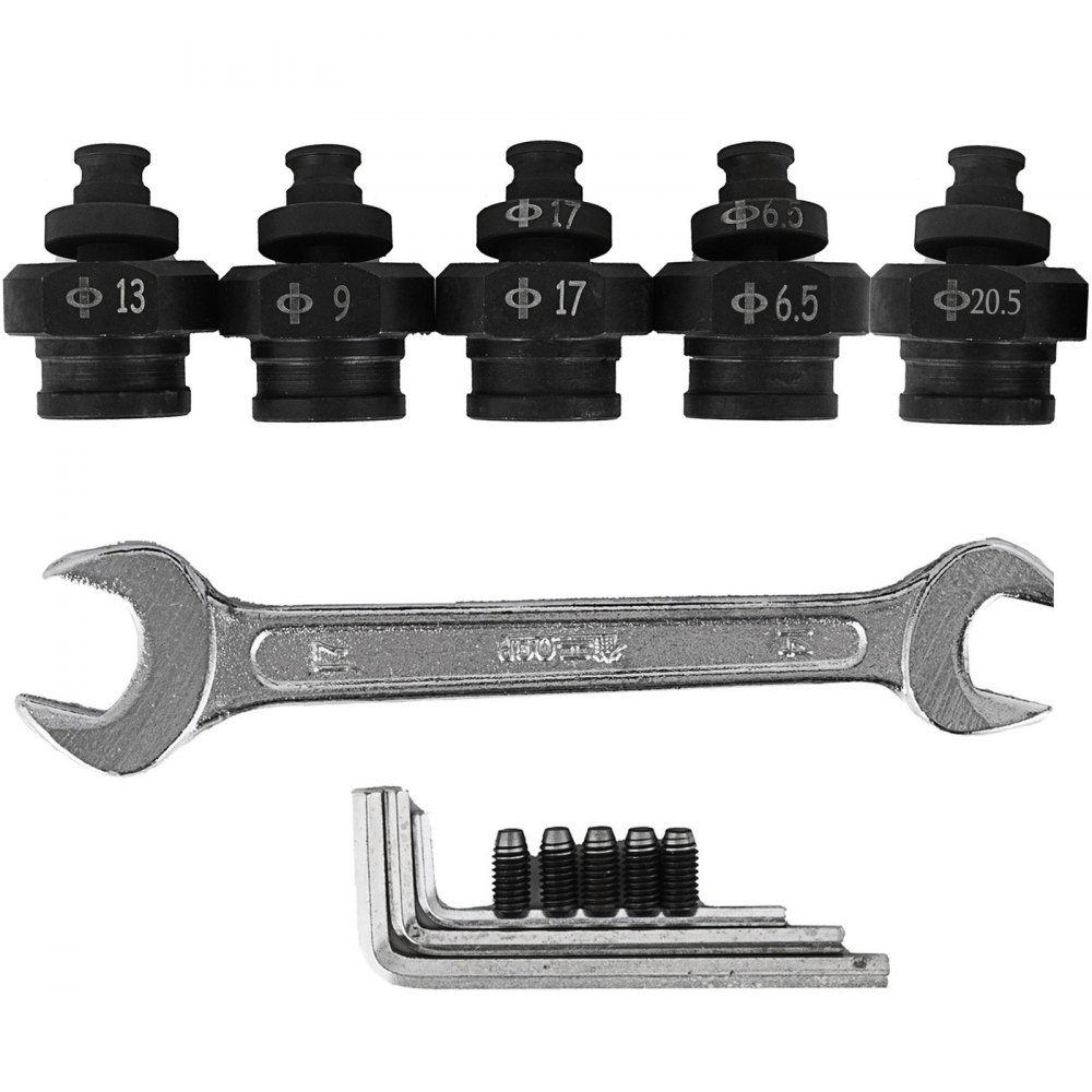 VEVOR hydraulic hole puncher with wrench and different size punching dies.