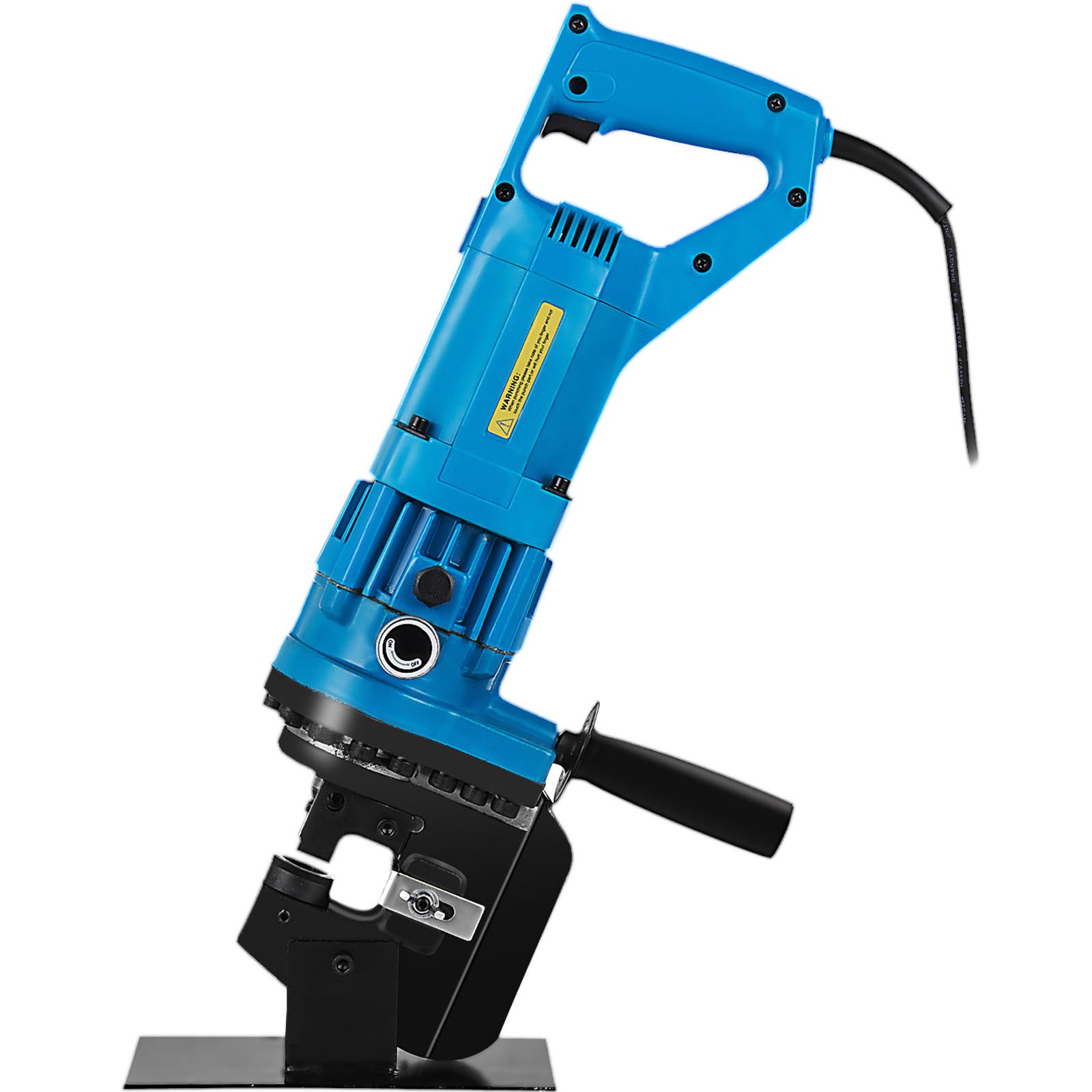 blue VEVOR hydraulic hole puncher with black handle and attached power cord.