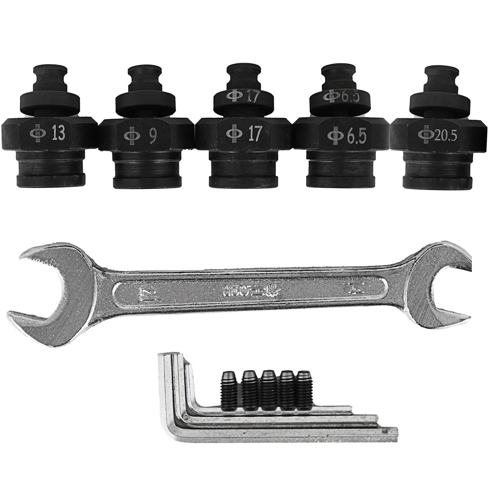VEVOR hydraulic hole puncher with wrench and different size punching dies.