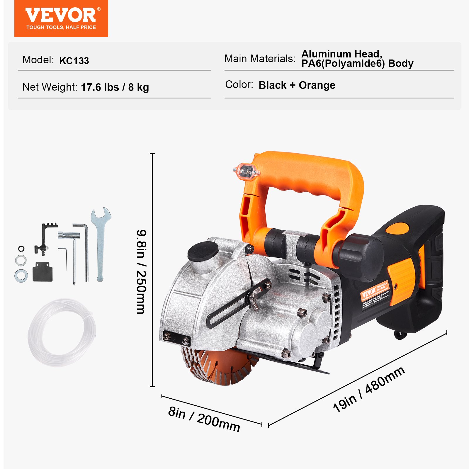 VEVOR Electric Wall Chaser, Wall Groove Cutting Machine 133mm, Groove Cutting Machine Depth 42mm, Wall Slotting Machine 2500W, Wall Cutting Cutter Machine with Water Pump