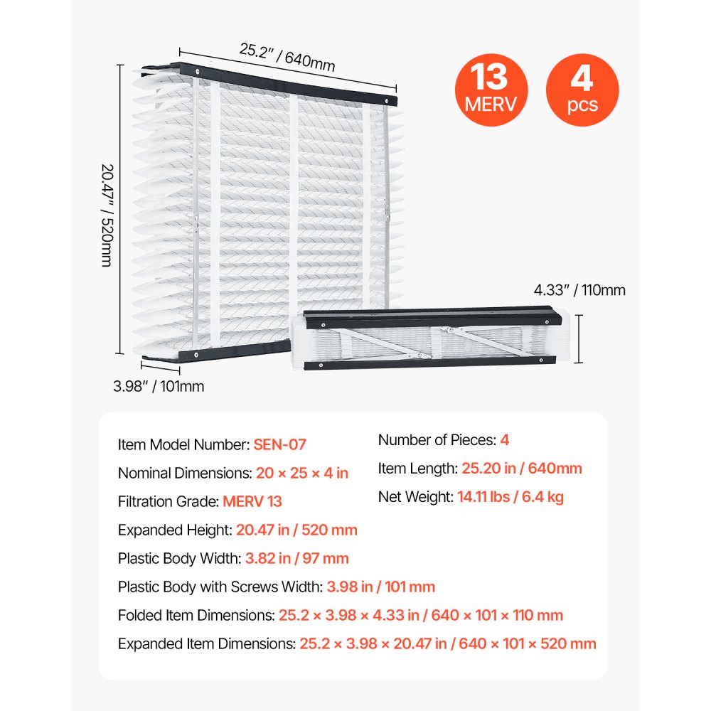 VEVOR 20 x 25 x 4 Furnace Filter, MERV 13 HVAC Ac Filters,12-Month Electrostatic Pleated Air Conditioner Filters, 4-Pack (Actual Size: 20.47 x 25.20 x 3.98 Inch) for Capturing Dust, Smog, Pet Dander