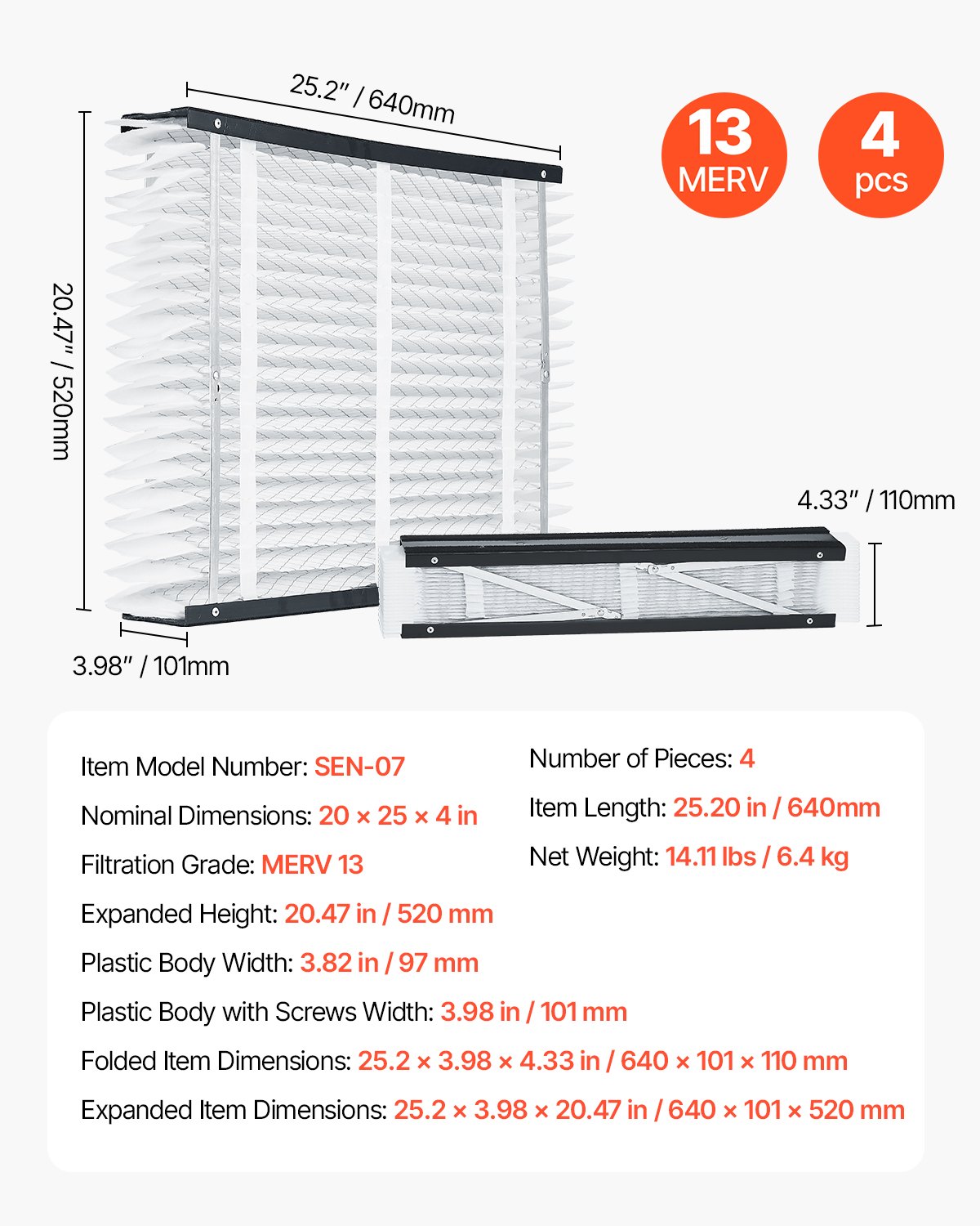 VEVOR 20 x 25 x 4 Furnace Filter, MERV 13 HVAC Ac Filters,12-Month Electrostatic Pleated Air Conditioner Filters, 4-Pack (Actual Size: 20.47 x 25.20 x 3.98 Inch) for Capturing Dust, Smog, Pet Dander