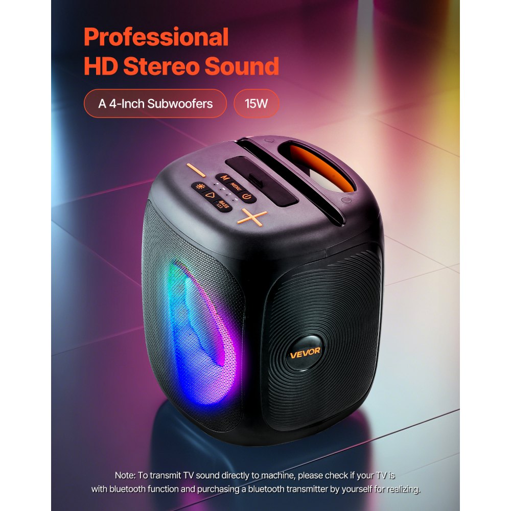 Máquina de karaoke VEVOR para adultos, altavoz Bluetooth portátil de 15 W y 4 pulgadas con 2 micrófonos inalámbricos, luz LED, función TWS, asa, compatible con tarjeta Micro TF, USB, AUX, para karaoke en casa y fiestas.