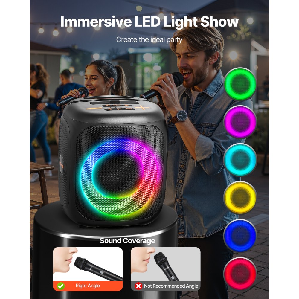 Máquina de karaoke VEVOR para adultos, altavoz Bluetooth portátil de 15 W y 4 pulgadas con 2 micrófonos inalámbricos, luz LED, función TWS, asa, compatible con tarjeta Micro TF, USB, AUX, para karaoke en casa y fiestas.