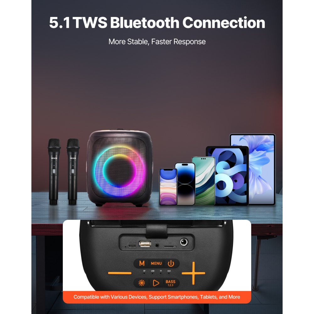 Máquina de karaoke VEVOR para adultos, altavoz Bluetooth portátil de 15 W y 4 pulgadas con 2 micrófonos inalámbricos, luz LED, función TWS, asa, compatible con tarjeta Micro TF, USB, AUX, para karaoke en casa y fiestas.