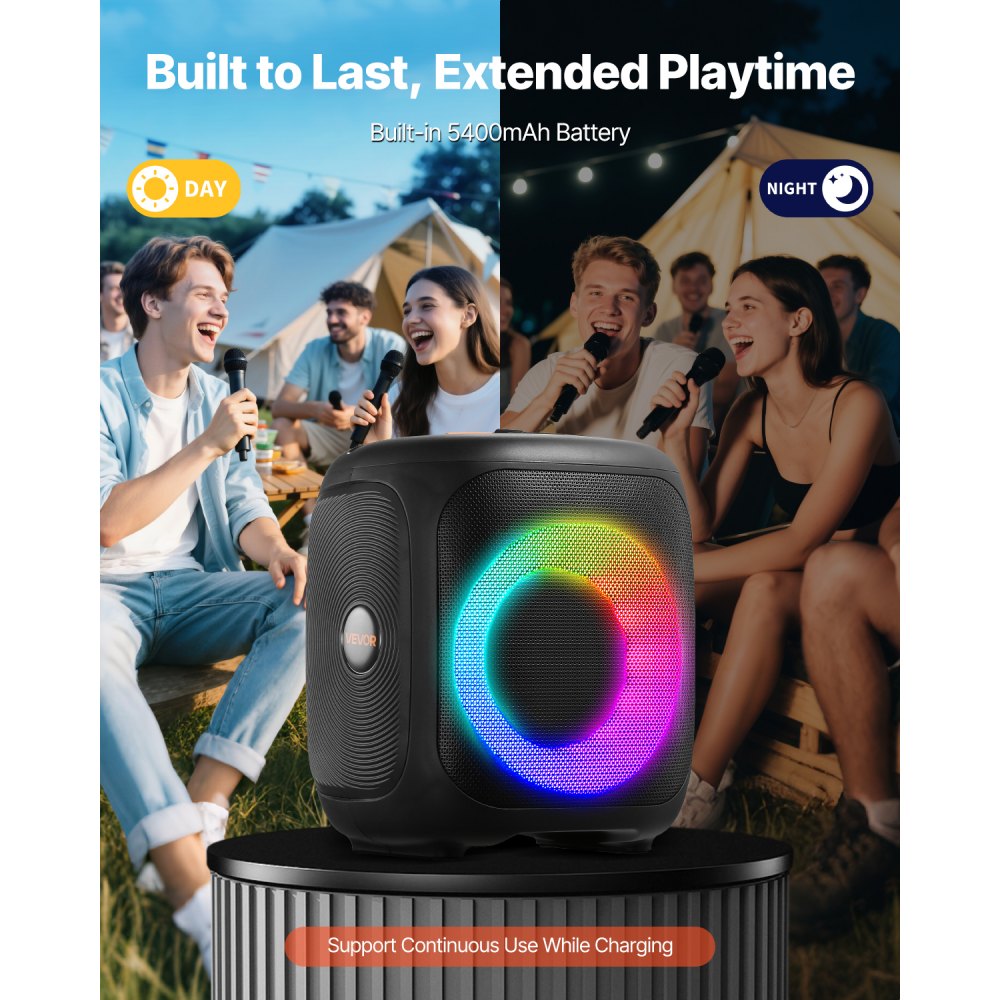 Máquina de karaoke VEVOR para adultos, altavoz Bluetooth portátil de 15 W y 4 pulgadas con 2 micrófonos inalámbricos, luz LED, función TWS, asa, compatible con tarjeta Micro TF, USB, AUX, para karaoke en casa y fiestas.