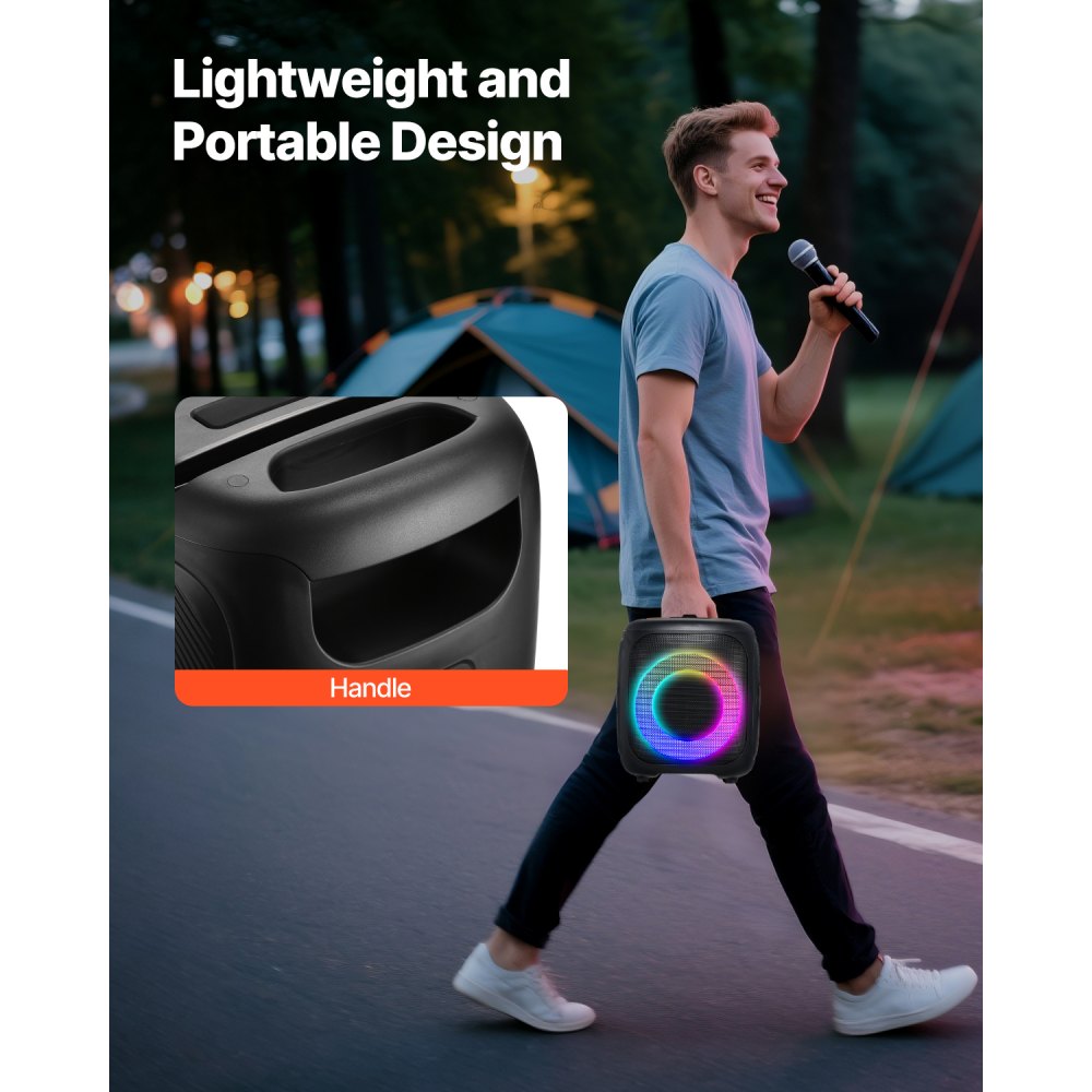 Máquina de karaoke VEVOR para adultos, altavoz Bluetooth portátil de 15 W y 4 pulgadas con 2 micrófonos inalámbricos, luz LED, función TWS, asa, compatible con tarjeta Micro TF, USB, AUX, para karaoke en casa y fiestas.