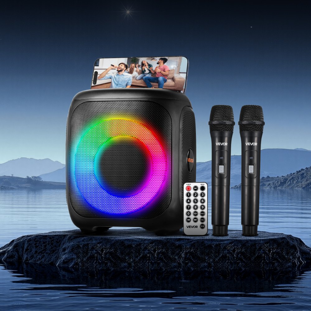 Máquina de karaoke VEVOR para adultos, altavoz Bluetooth portátil de 15 W y 4 pulgadas con 2 micrófonos inalámbricos, luz LED, función TWS, asa, compatible con tarjeta Micro TF, USB, AUX, para karaoke en casa y fiestas.