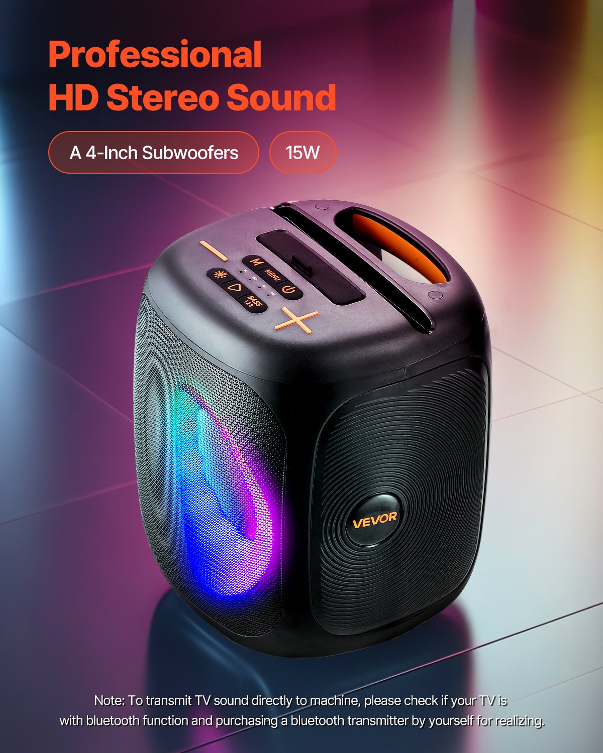 Máquina de karaoke VEVOR para adultos, altavoz Bluetooth portátil de 15 W y 4 pulgadas con 2 micrófonos inalámbricos, luz LED, función TWS, asa, compatible con tarjeta Micro TF, USB, AUX, para karaoke en casa y fiestas.