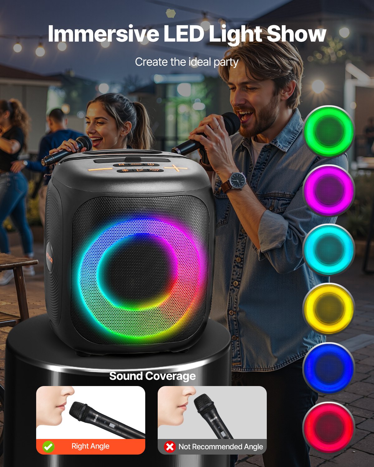 Máquina de karaoke VEVOR para adultos, altavoz Bluetooth portátil de 15 W y 4 pulgadas con 2 micrófonos inalámbricos, luz LED, función TWS, asa, compatible con tarjeta Micro TF, USB, AUX, para karaoke en casa y fiestas.