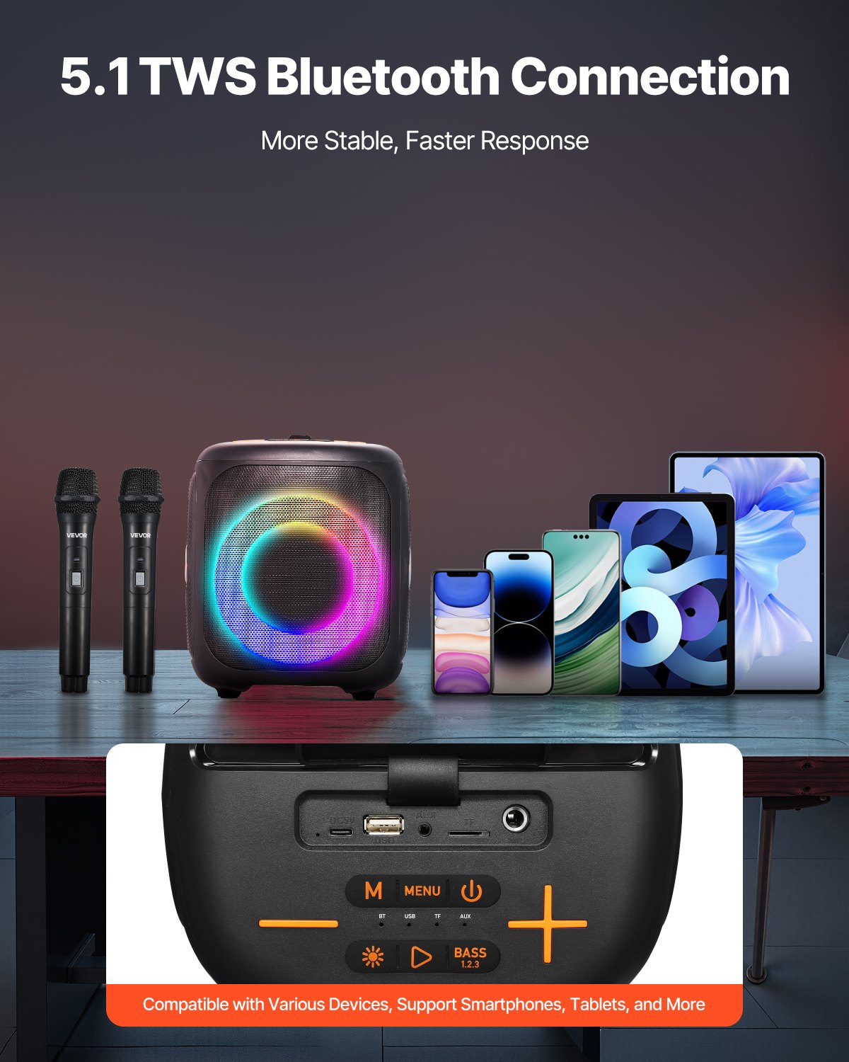 Máquina de karaoke VEVOR para adultos, altavoz Bluetooth portátil de 15 W y 4 pulgadas con 2 micrófonos inalámbricos, luz LED, función TWS, asa, compatible con tarjeta Micro TF, USB, AUX, para karaoke en casa y fiestas.