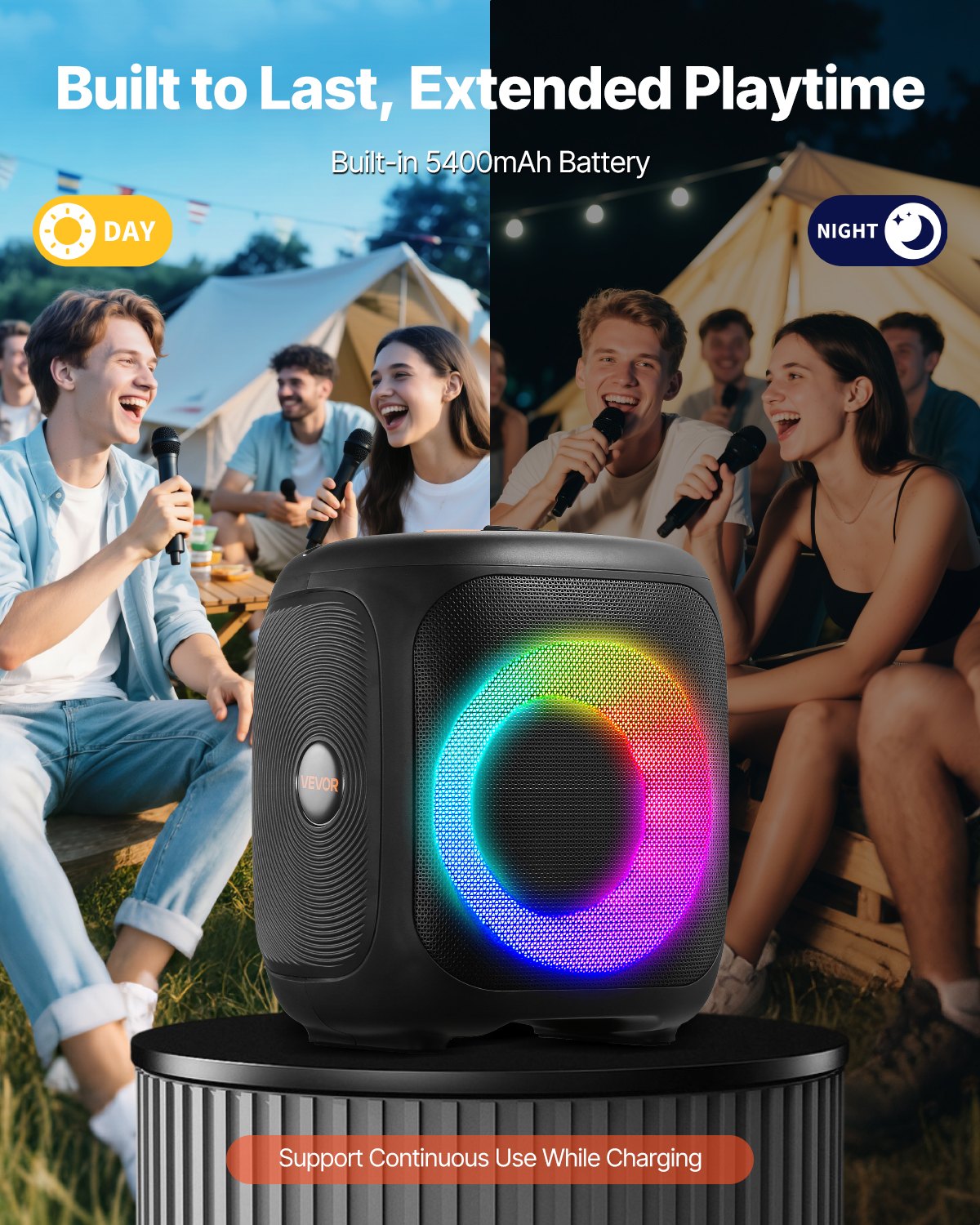Máquina de karaoke VEVOR para adultos, altavoz Bluetooth portátil de 15 W y 4 pulgadas con 2 micrófonos inalámbricos, luz LED, función TWS, asa, compatible con tarjeta Micro TF, USB, AUX, para karaoke en casa y fiestas.