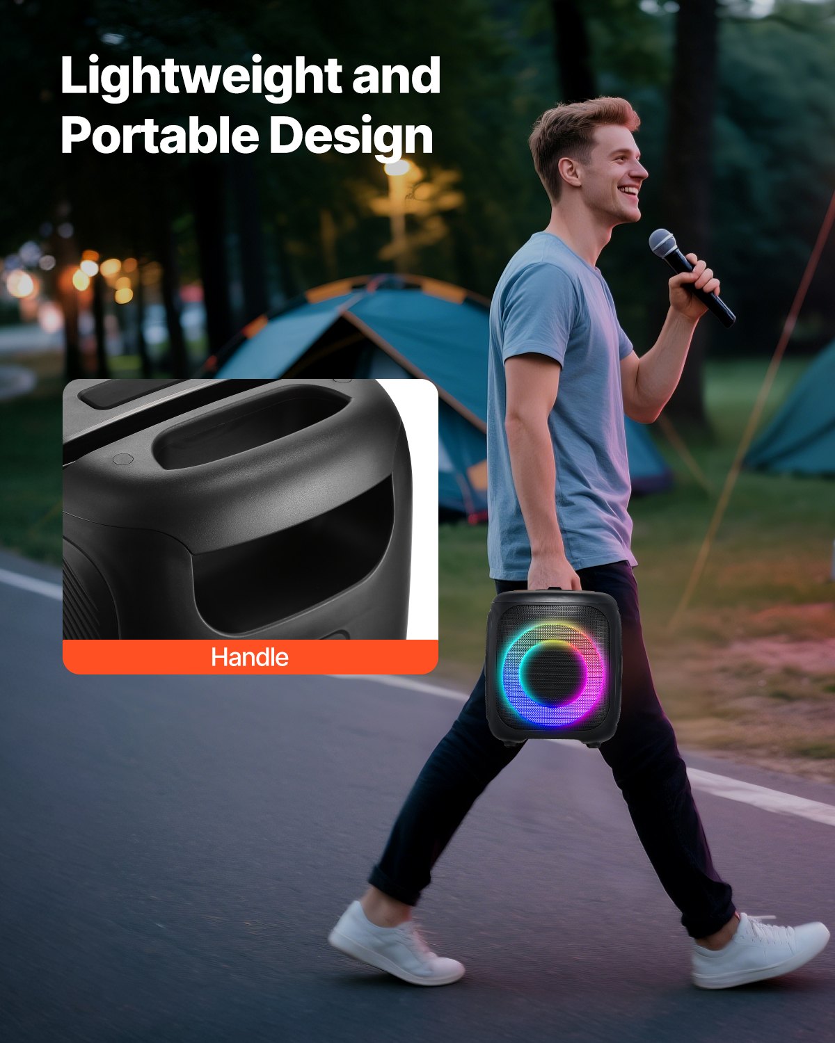 Máquina de karaoke VEVOR para adultos, altavoz Bluetooth portátil de 15 W y 4 pulgadas con 2 micrófonos inalámbricos, luz LED, función TWS, asa, compatible con tarjeta Micro TF, USB, AUX, para karaoke en casa y fiestas.