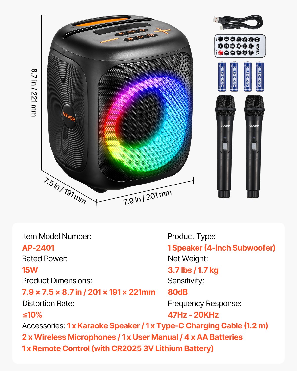 Máquina de karaoke VEVOR para adultos, altavoz Bluetooth portátil de 15 W y 4 pulgadas con 2 micrófonos inalámbricos, luz LED, función TWS, asa, compatible con tarjeta Micro TF, USB, AUX, para karaoke en casa y fiestas.