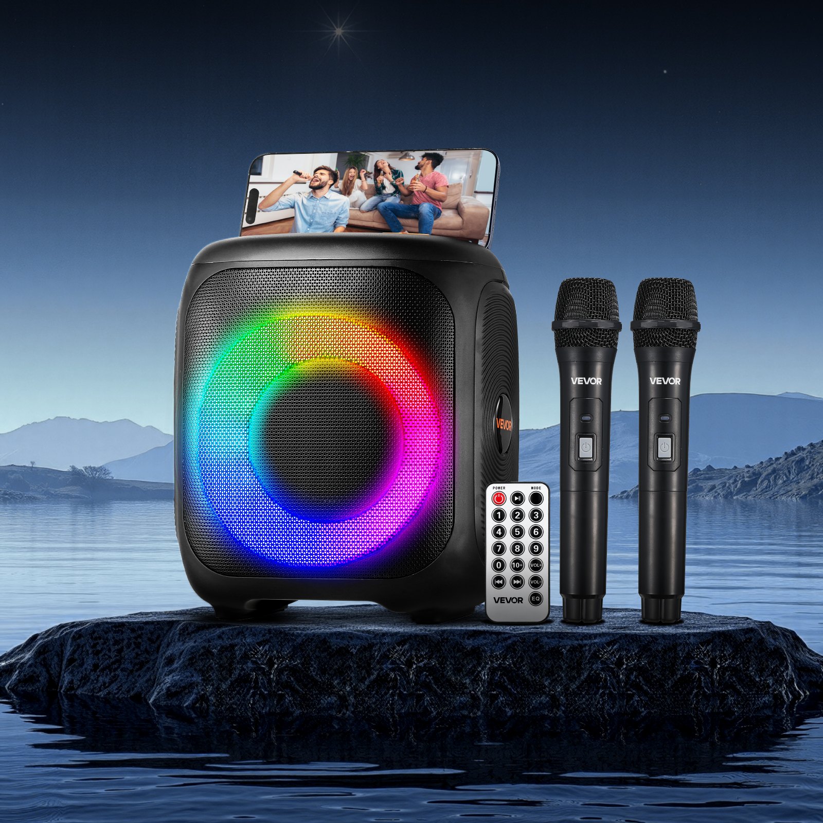Máquina de karaoke VEVOR para adultos, altavoz Bluetooth portátil de 15 W y 4 pulgadas con 2 micrófonos inalámbricos, luz LED, función TWS, asa, compatible con tarjeta Micro TF, USB, AUX, para karaoke en casa y fiestas.
