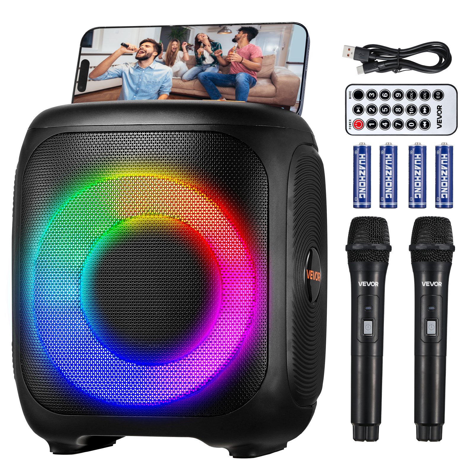 Máquina de karaoke VEVOR para adultos, altavoz Bluetooth portátil de 15 W y 4 pulgadas con 2 micrófonos inalámbricos, luz LED, función TWS, asa, compatible con tarjeta Micro TF, USB, AUX, para karaoke en casa y fiestas.