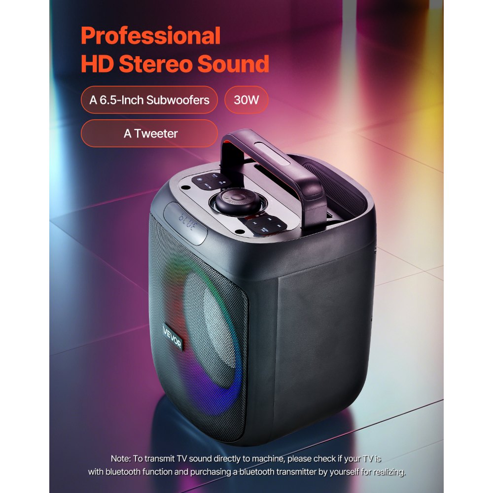 Karaoke zariadenie VEVOR pre dospelých, 30W, 6,5-palcový prenosný Bluetooth reproduktor s 2 bezdrôtovými mikrofónmi, LED svetlo, funkcia TWS, rukoväť, podpora Micro TF karty, USB, AUX, pre domáce karaoke párty spev