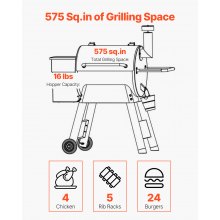 Wood Pellet Grill Smoker Outdoor Electric BBQ Grills 575 Sq.in Cook Area