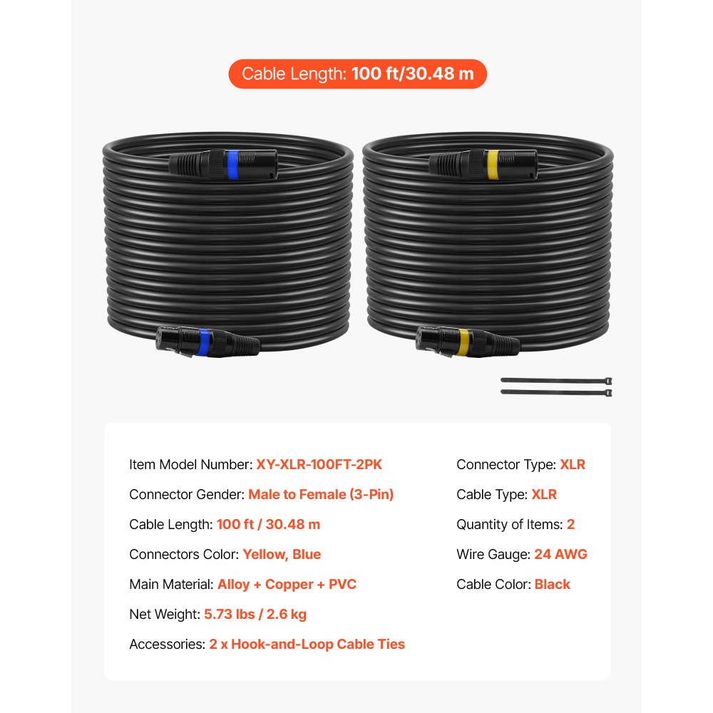 VEVOR XLR Cable 30.48 m, 2 Pack, Shielded Balanced DMX Male to Female Microphone Cables, Gold-Plated 3-Pin XLR Mic Speaker Cord Wire, for Stage Lighting, Microphones, Amplifier, Mixer, Speaker Systems