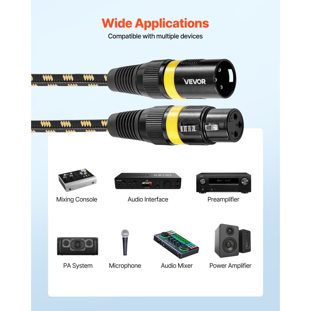 VEVOR XLR Cable 7.62 m, 6 Pack, Shielded Balanced DMX Male to Female Microphone Cables, Gold-Plated 3-Pin XLR Mic Speaker Cord Wires, for Stage Lighting, Microphones, Amplifier, Mixer, Speaker Systems