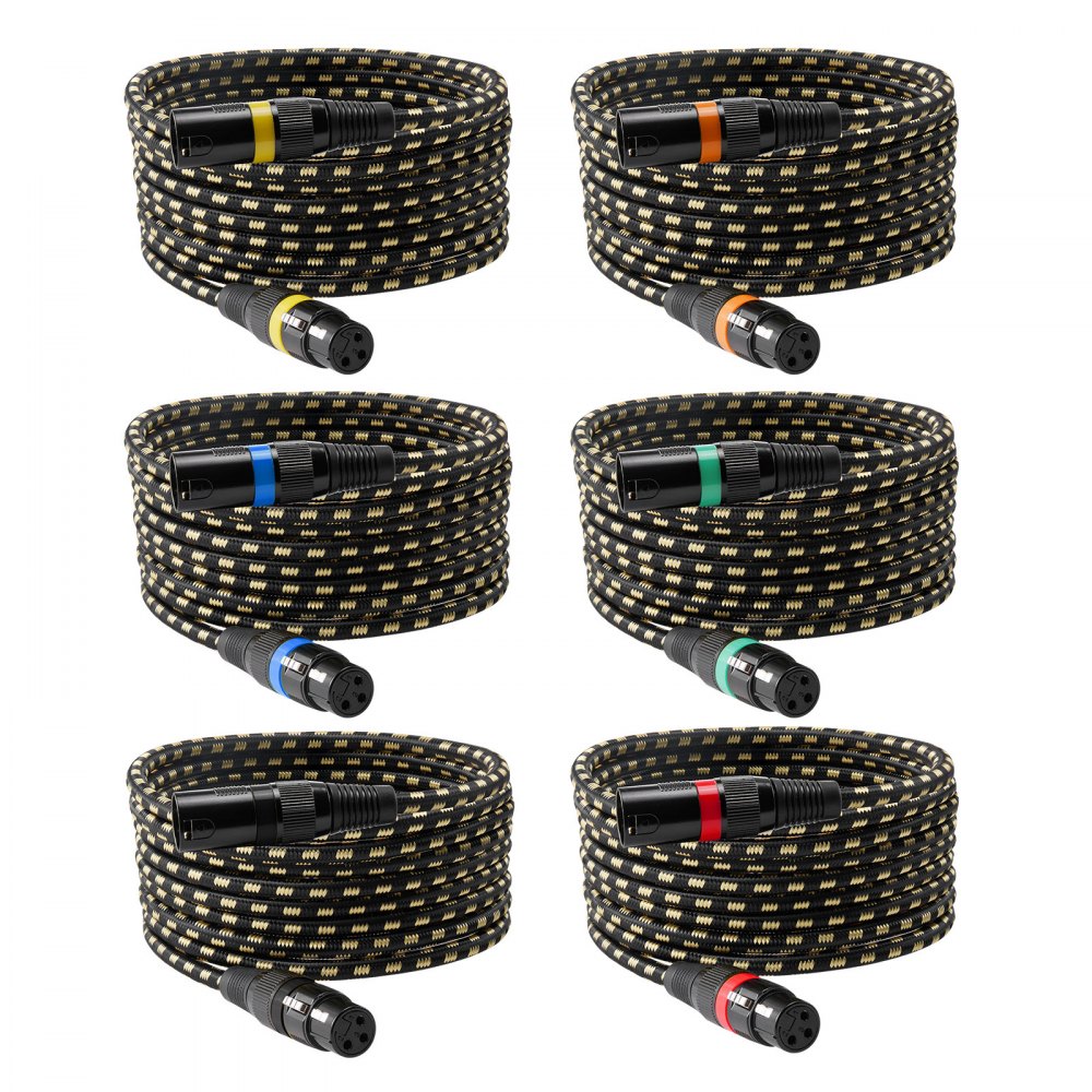 VEVOR XLR Cable 7.62 m, 6 Pack, Shielded Balanced DMX Male to Female Microphone Cables, Gold-Plated 3-Pin XLR Mic Speaker Cord Wires, for Stage Lighting, Microphones, Amplifier, Mixer, Speaker Systems