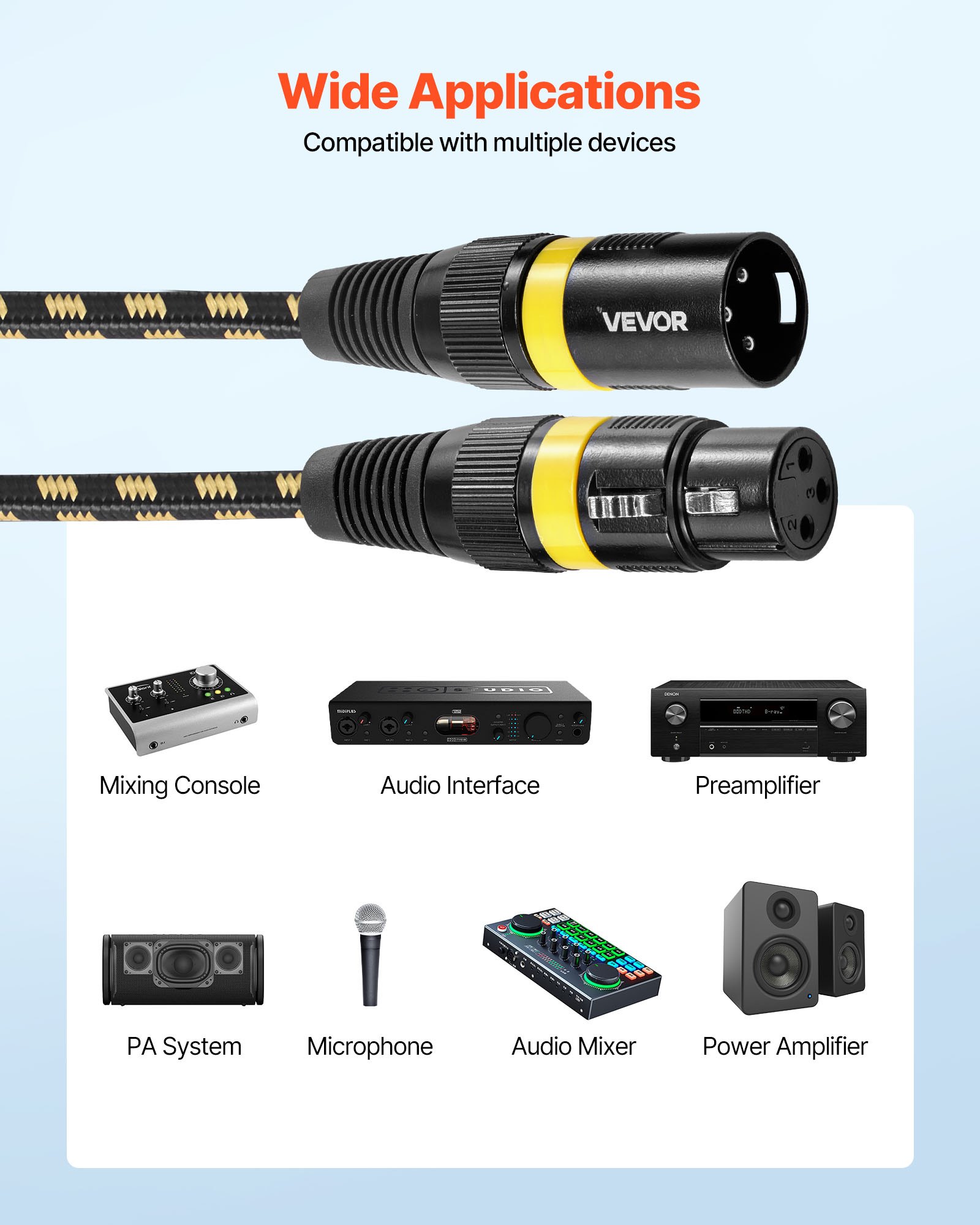 VEVOR XLR Cable 7.62 m, 6 Pack, Shielded Balanced DMX Male to Female Microphone Cables, Gold-Plated 3-Pin XLR Mic Speaker Cord Wires, for Stage Lighting, Microphones, Amplifier, Mixer, Speaker Systems