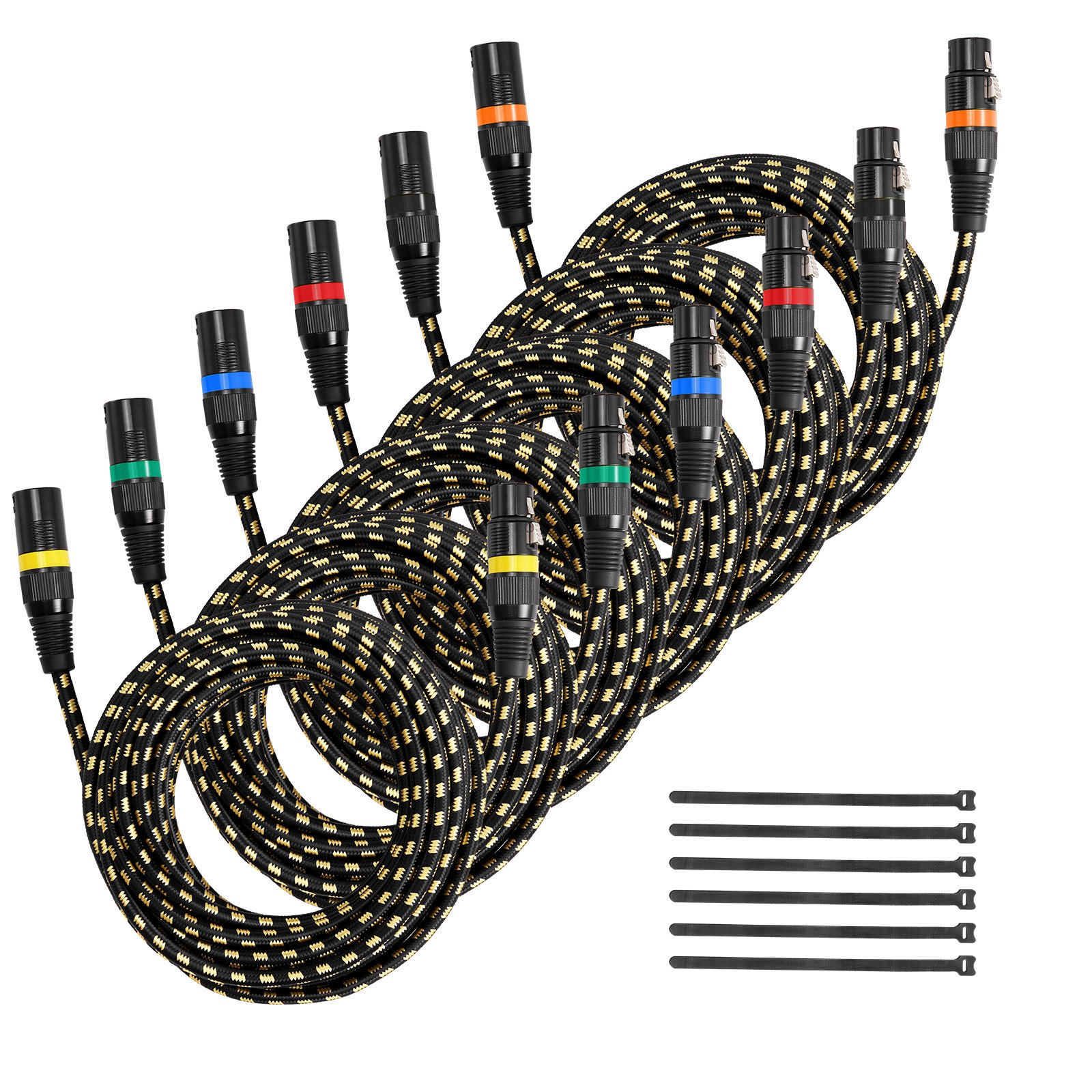 VEVOR XLR Cable 7.62 m, 6 Pack, Shielded Balanced DMX Male to Female Microphone Cables, Gold-Plated 3-Pin XLR Mic Speaker Cord Wires, for Stage Lighting, Microphones, Amplifier, Mixer, Speaker Systems