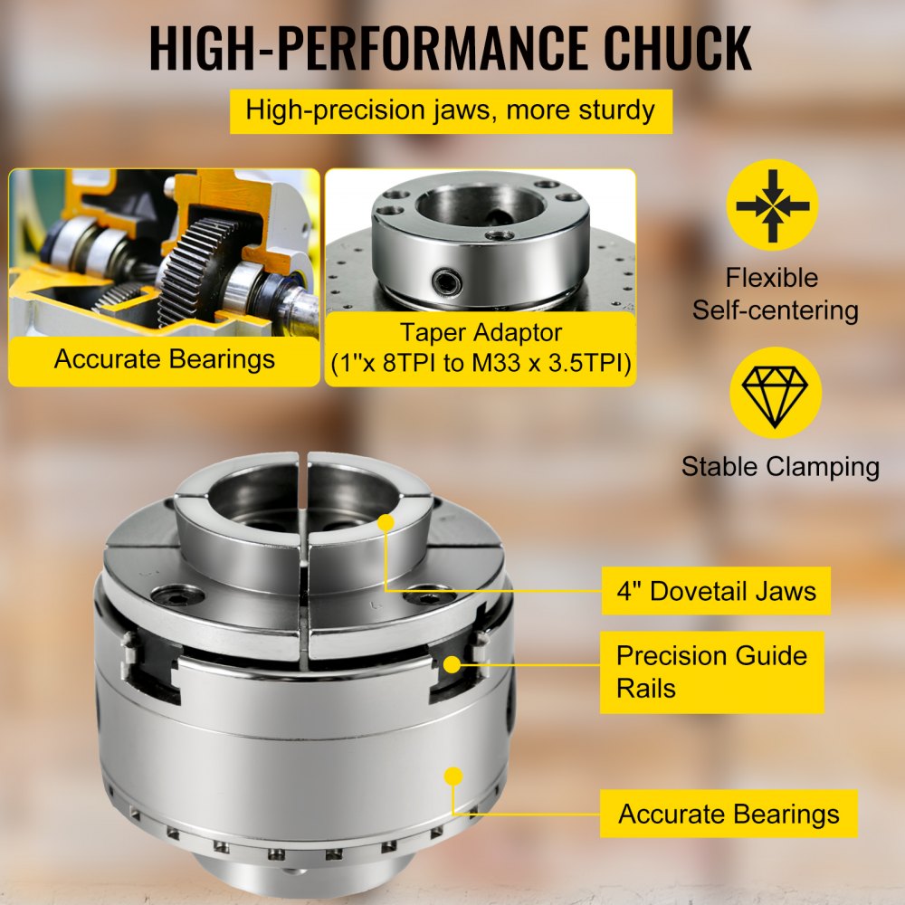 VEVOR Lathe Chuck 4 Jaws Wood Turning Chuck 4 Inch Thread Lathe Chucks Set for General Lathe Grinder Milling Machine Drilling Machine Machine Accessories Woodworking Machinery Accessories