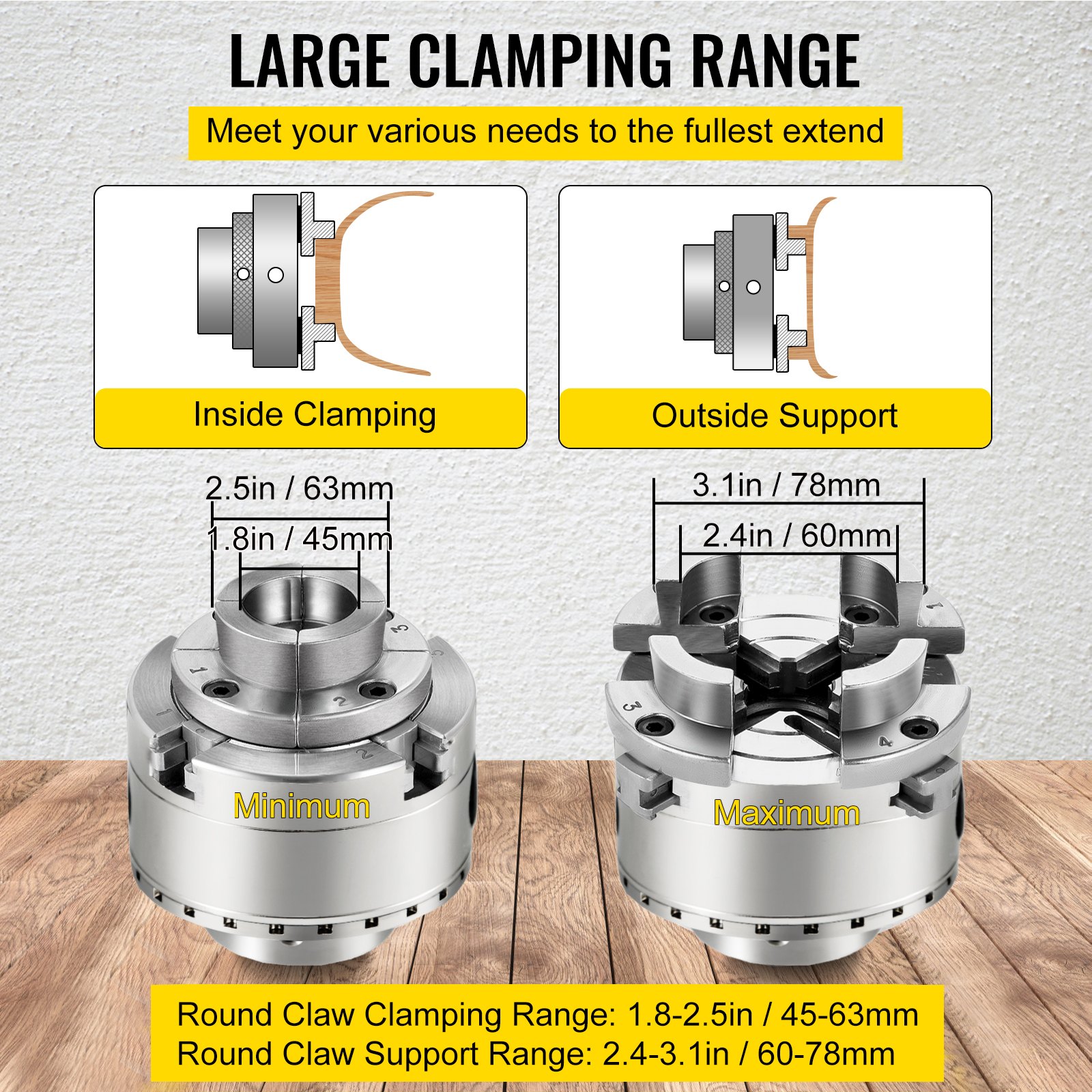 VEVOR Lathe Chuck 4 Jaws Wood Turning Chuck 4 Inch Thread Lathe Chucks Set for General Lathe Grinder Milling Machine Drilling Machine Machine Accessories Woodworking Machinery Accessories
