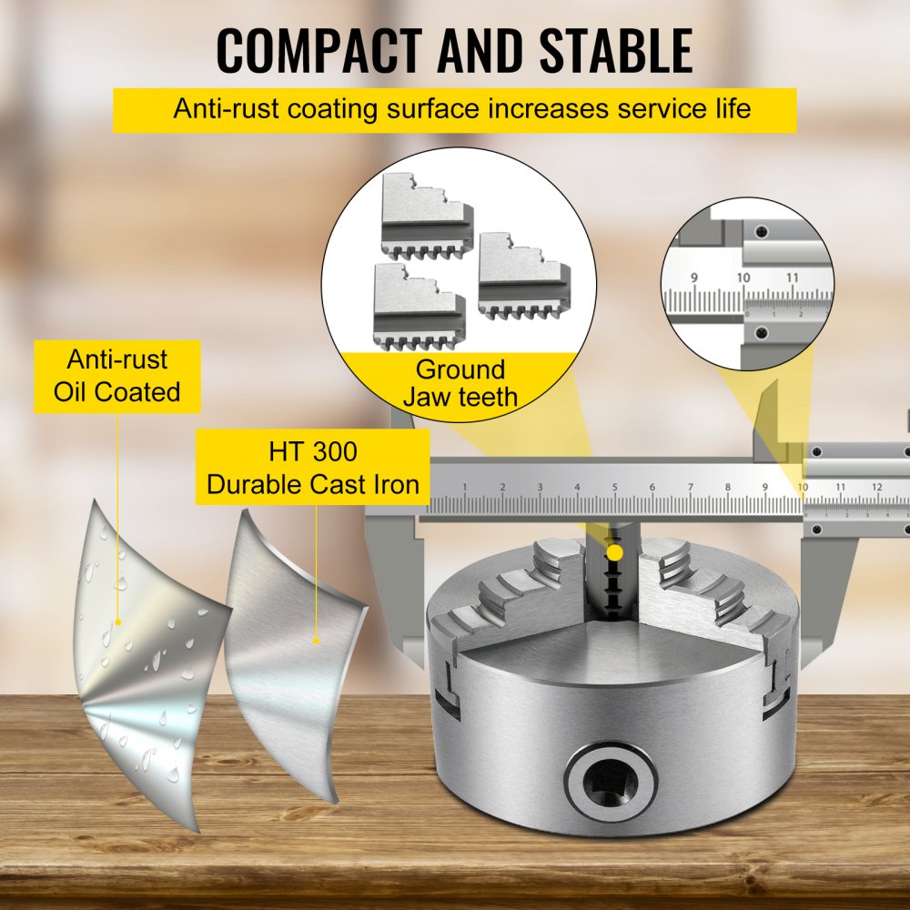 VEVOR K11-100 4" Lathe Chuck, Self-Centering Metal 3-Jaw Chuck, Includes Two Jaw Sets, Suitable for Grinding and Milling Machines
