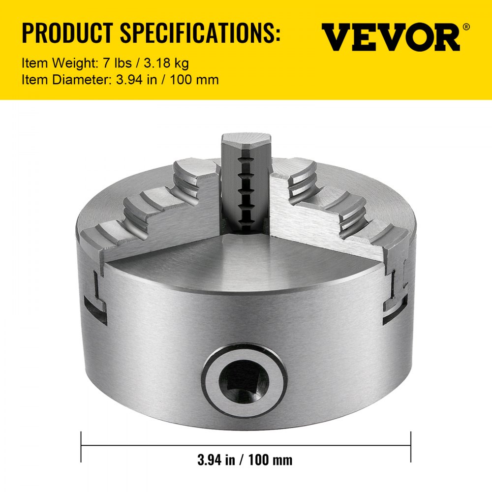 VEVOR K11-100 4" Lathe Chuck, Self-Centering Metal 3-Jaw Chuck, Includes Two Jaw Sets, Suitable for Grinding and Milling Machines