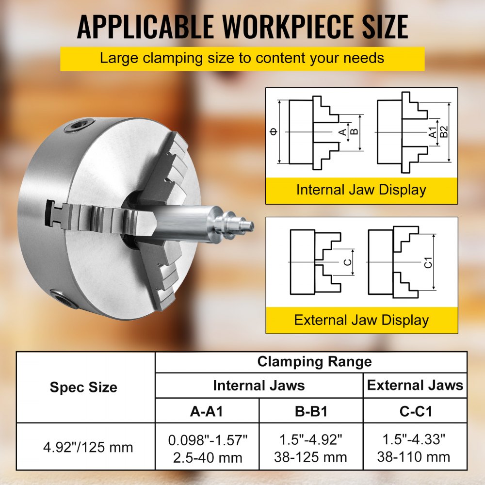 VEVOR lathe chuck with adjustable internal and external jaws for varied workpiece sizes.
