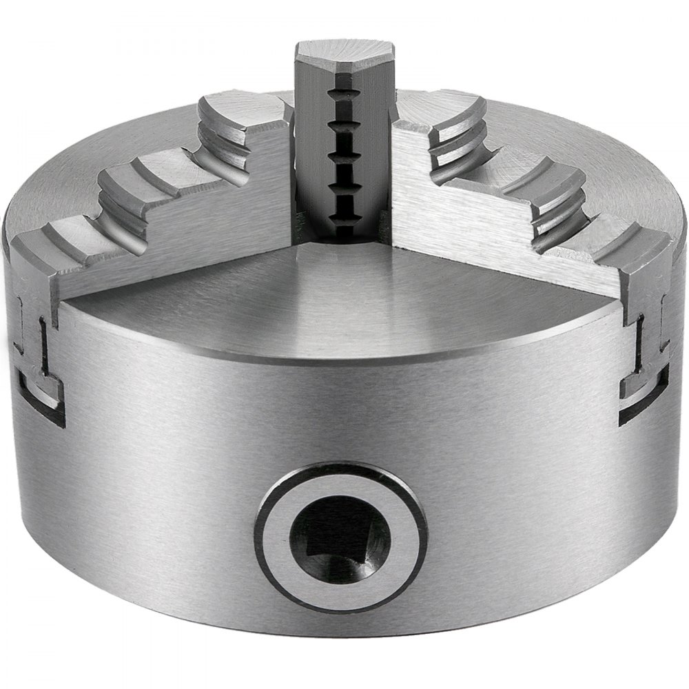 VEVOR lathe chuck with precision steel construction and adjusting screws.